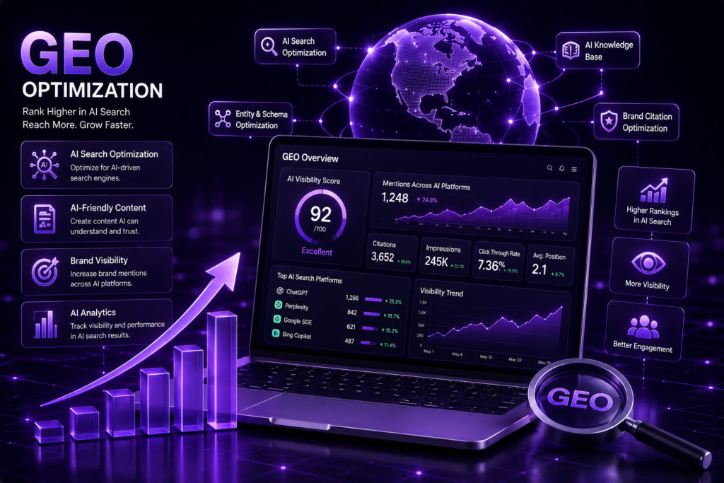 Generative Engine Optimization dashboard showing AI search visibility and brand citations
