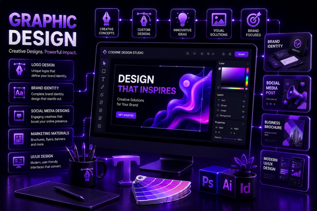 Graphic design services for branding, social media, marketing materials, and UI UX design