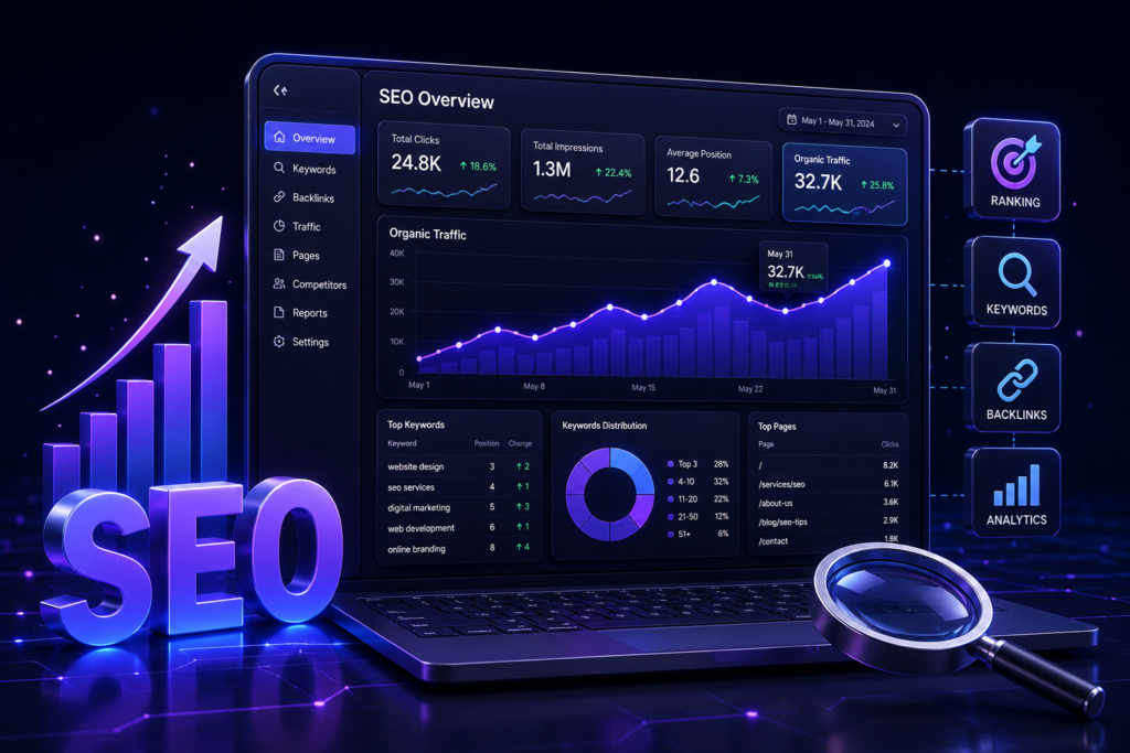 SEO dashboard showing organic traffic, keyword rankings, backlinks, and search performance