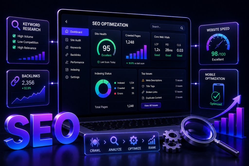 SEO optimization dashboard showing keyword research, backlinks, Core Web Vitals, and website performance